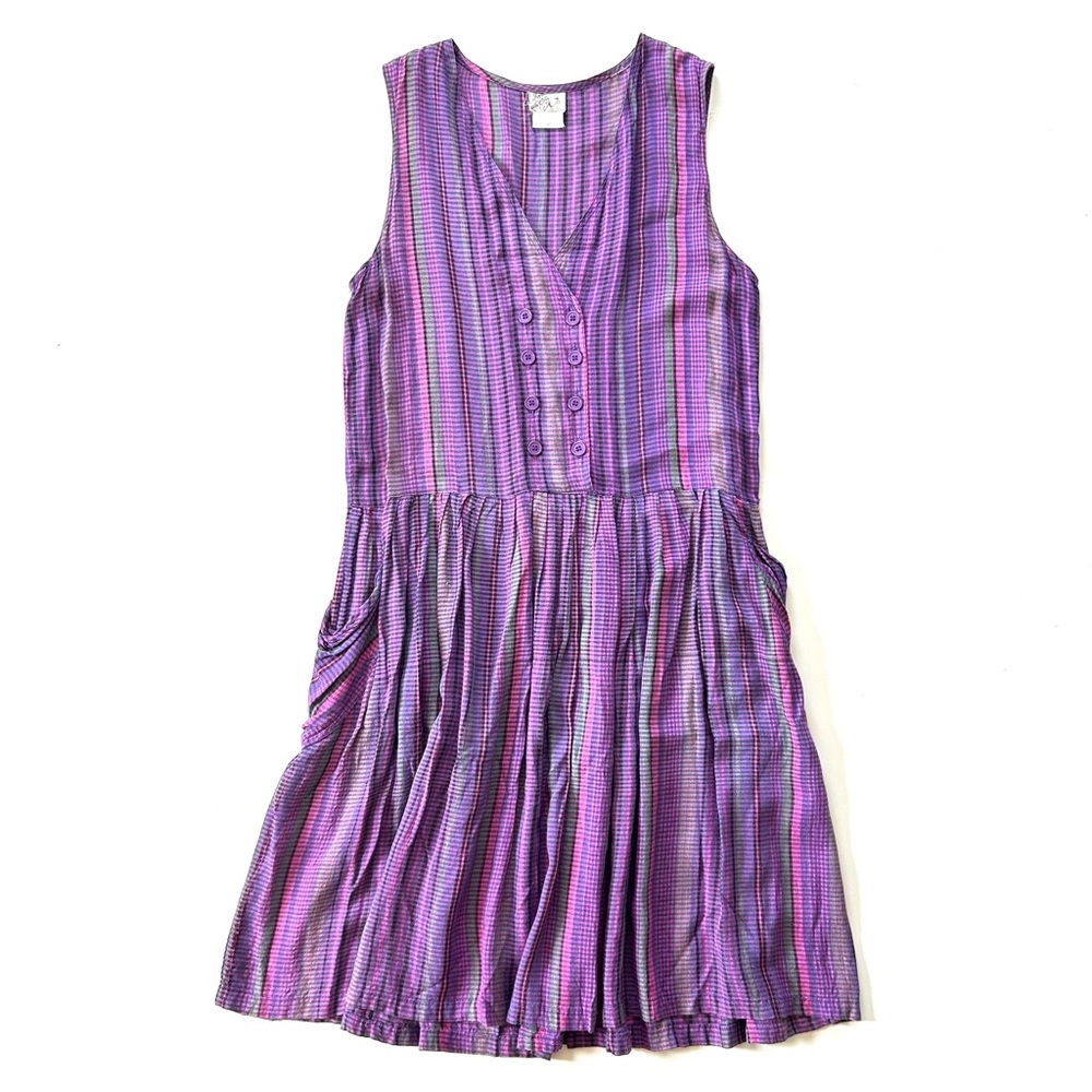 Lipstick Vintage Retro Purple Plaid V-Neck Rayon Sleeveless Dress - Picture 1 of 7